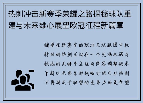 热刺冲击新赛季荣耀之路探秘球队重建与未来雄心展望欧冠征程新篇章